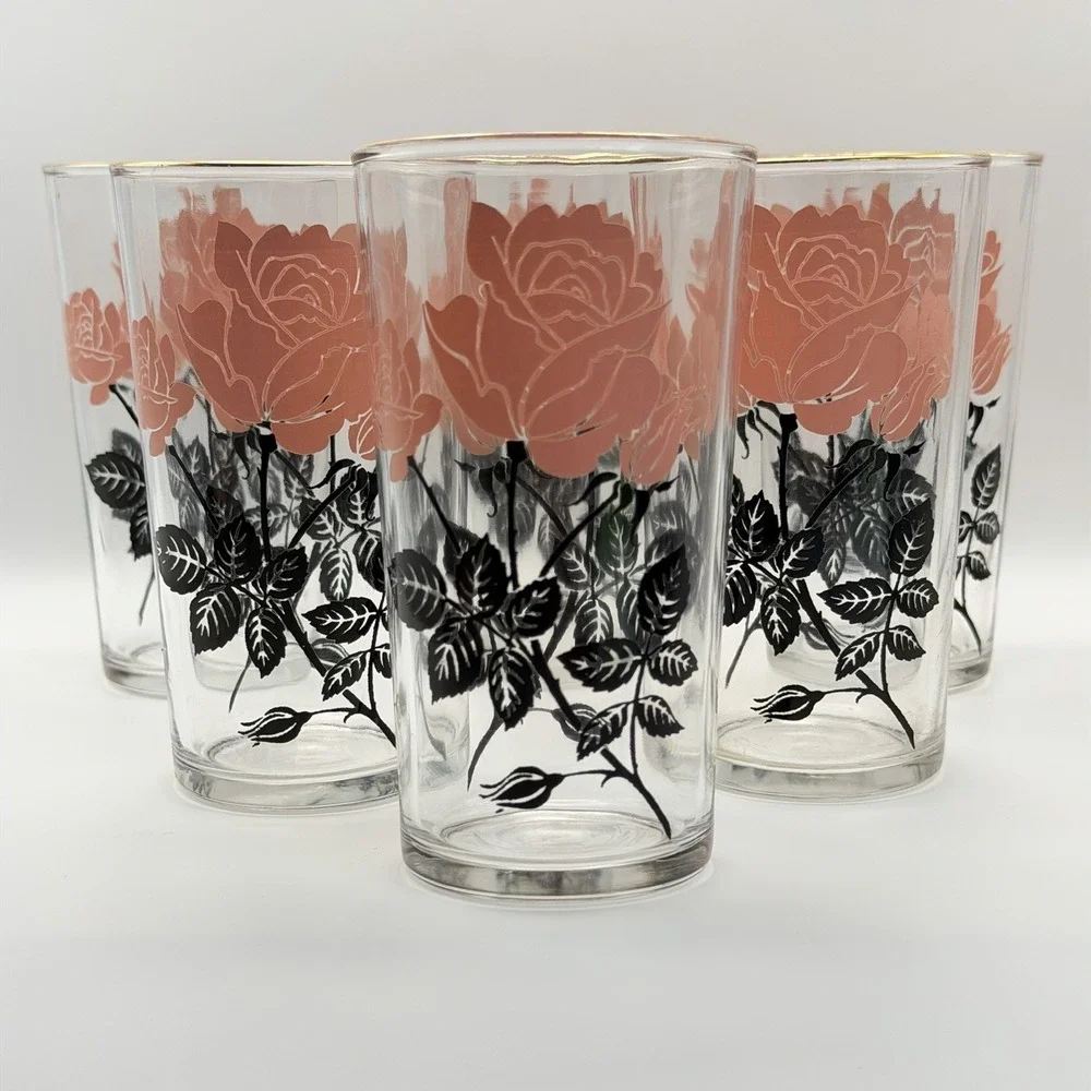 Vintage‎ Pink Rose Glasses Set of 6 Highball Gold Rim Floral Tumblers 1960s MCM